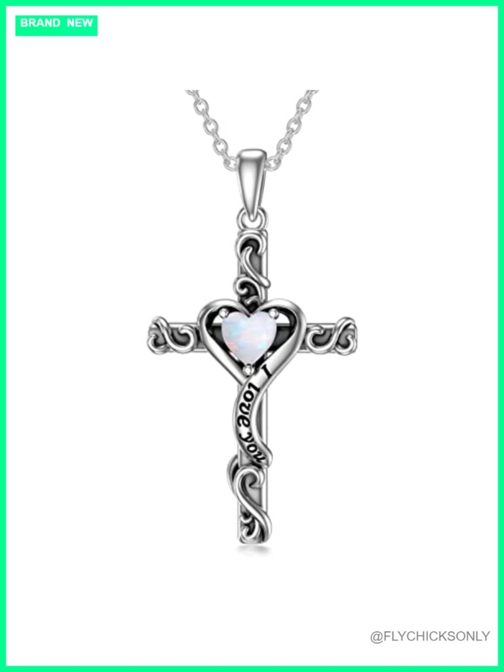 925 Sterling Silver Cross Necklace Genuine Opal Birthstone Pendant I Love You